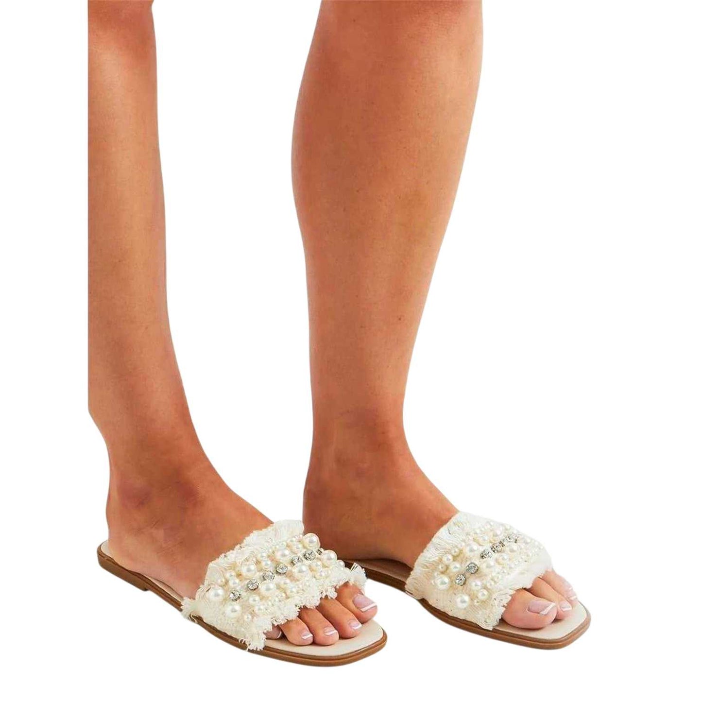 Cream - Front - Missy Empire Womens-Ladies Diamante Suede Sandals
