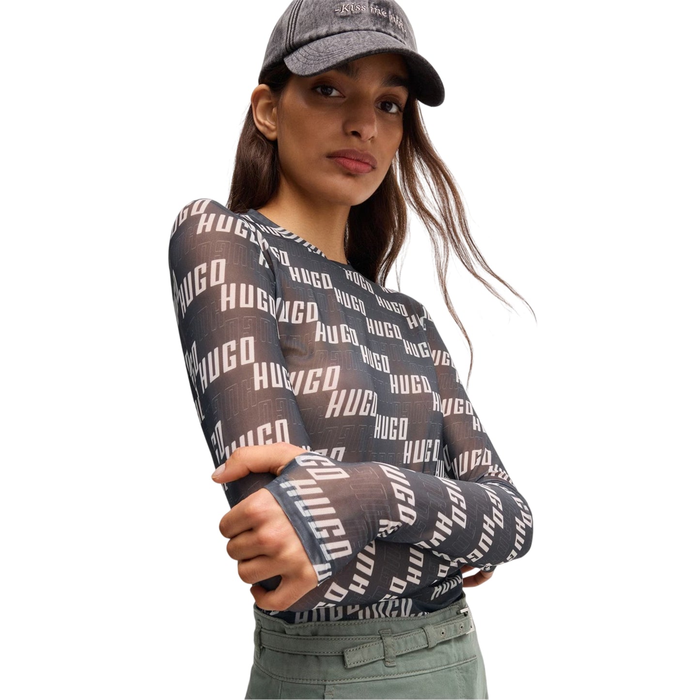 Brown - Side - Hugo Womens-Ladies Lettering Slim Long-Sleeved T-Shirt