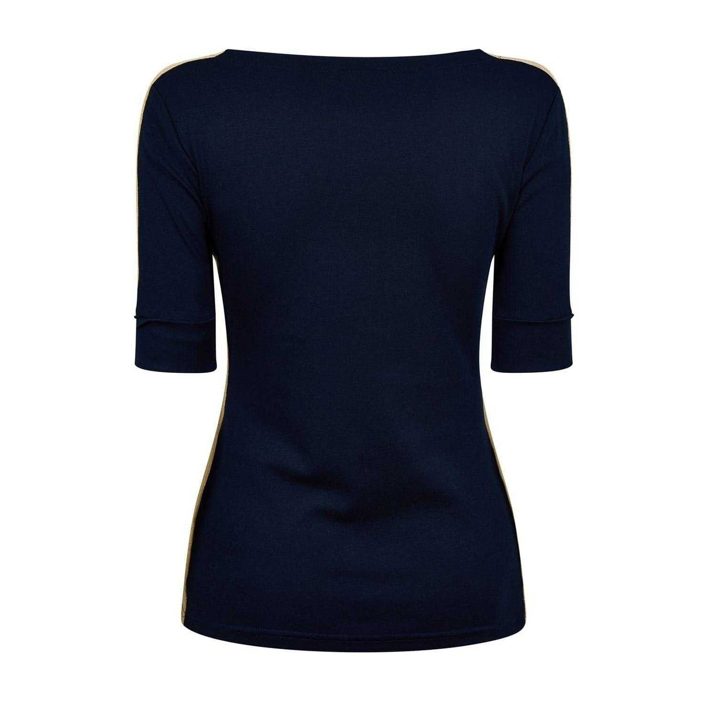 Navy-Gold - Back - Ralph Lauren Womens-Ladies Contrast Striped Cotton 3-4 Sleeve T-Shirt