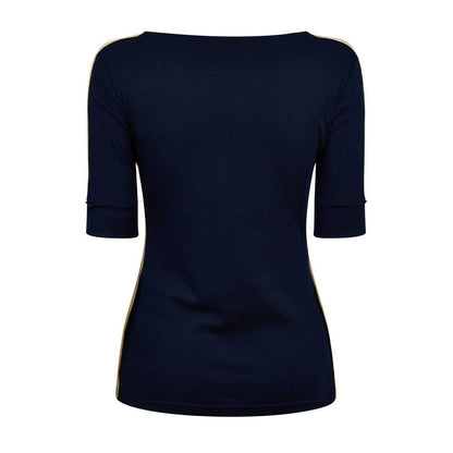 Navy-Gold - Back - Ralph Lauren Womens-Ladies Contrast Striped Cotton 3-4 Sleeve T-Shirt