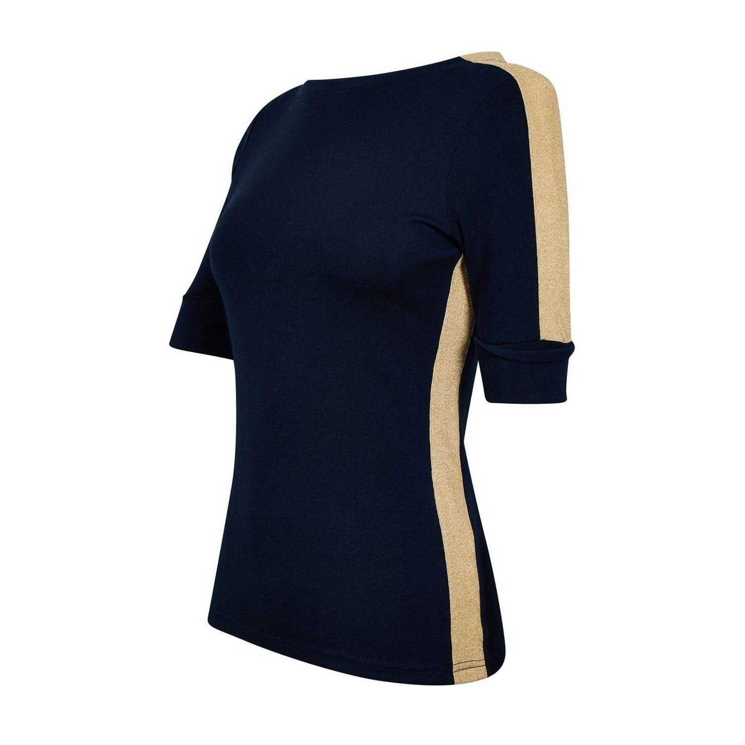Navy-Gold - Side - Ralph Lauren Womens-Ladies Contrast Striped Cotton 3-4 Sleeve T-Shirt