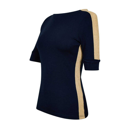 Navy-Gold - Side - Ralph Lauren Womens-Ladies Contrast Striped Cotton 3-4 Sleeve T-Shirt