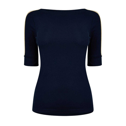 Navy-Gold - Front - Ralph Lauren Womens-Ladies Contrast Striped Cotton 3-4 Sleeve T-Shirt