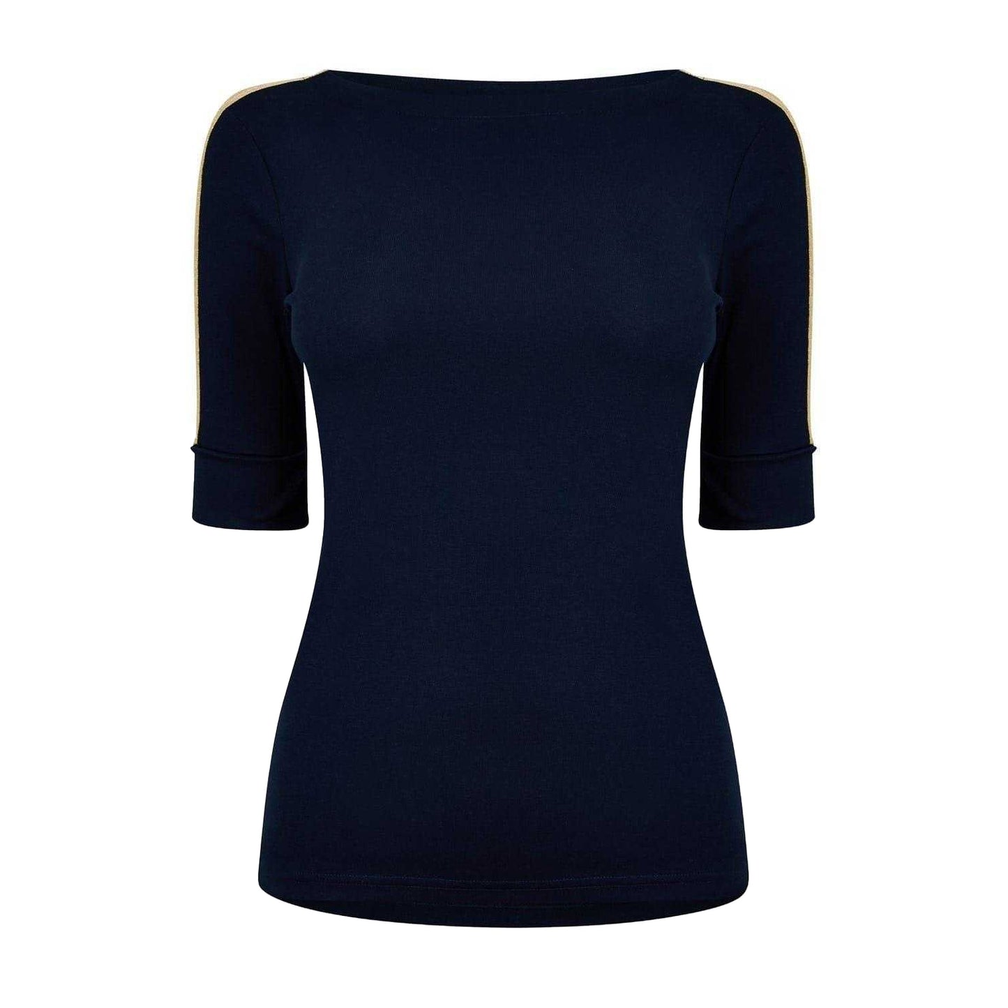 Navy-Gold - Front - Ralph Lauren Womens-Ladies Contrast Striped Cotton 3-4 Sleeve T-Shirt