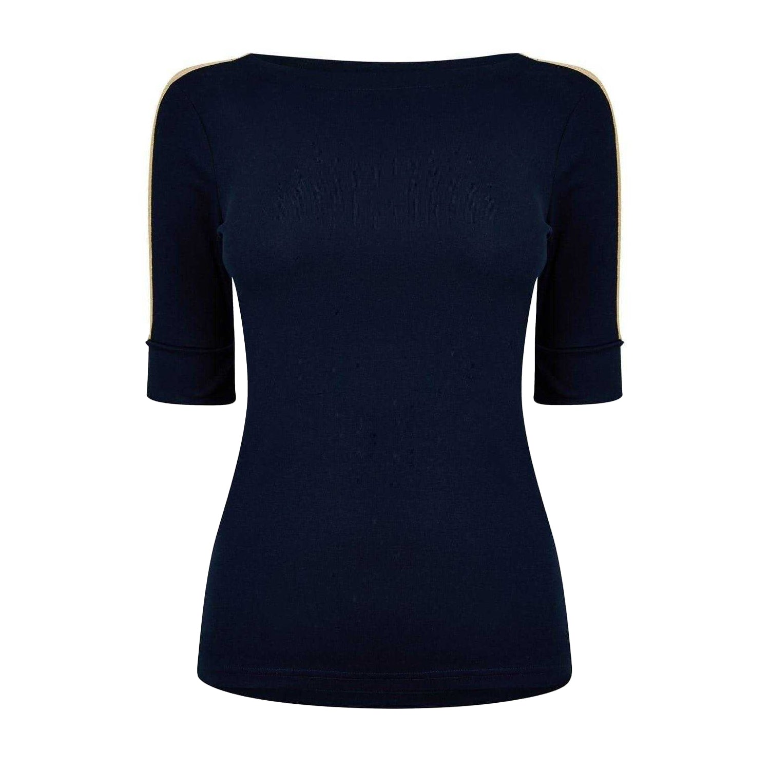 Navy-Gold - Front - Ralph Lauren Womens-Ladies Contrast Striped Cotton 3-4 Sleeve T-Shirt