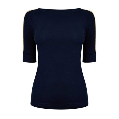 Navy-Gold - Front - Ralph Lauren Womens-Ladies Contrast Striped Cotton 3-4 Sleeve T-Shirt