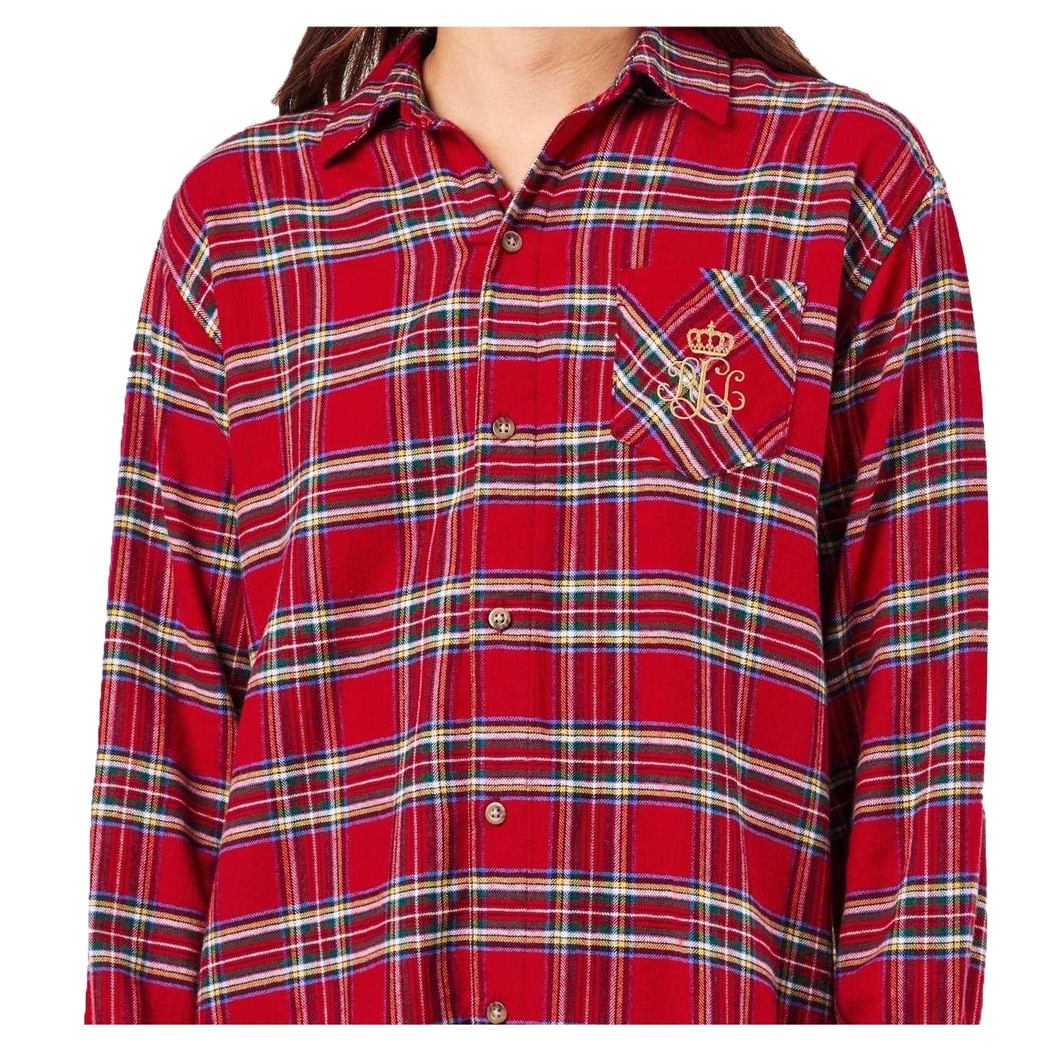 Red - Side - Ralph Lauren Womens-Ladies Plaid Long-Sleeved Nightie