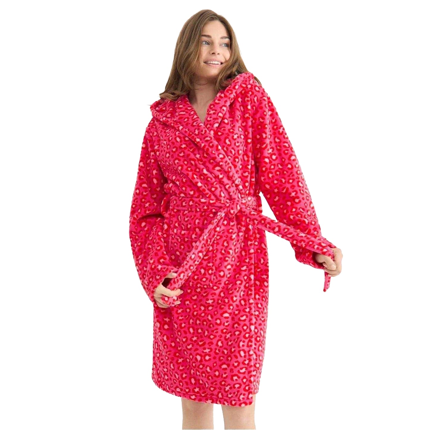 Pink - Pack Shot - Urban Threads Womens-Ladies Leopard Print Fleece Robe