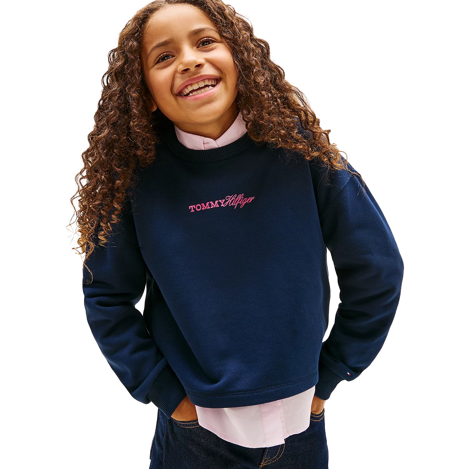 Night Navy - Side - Tommy Hilfiger Childrens-Kids Logo Crew Neck Sweatshirt