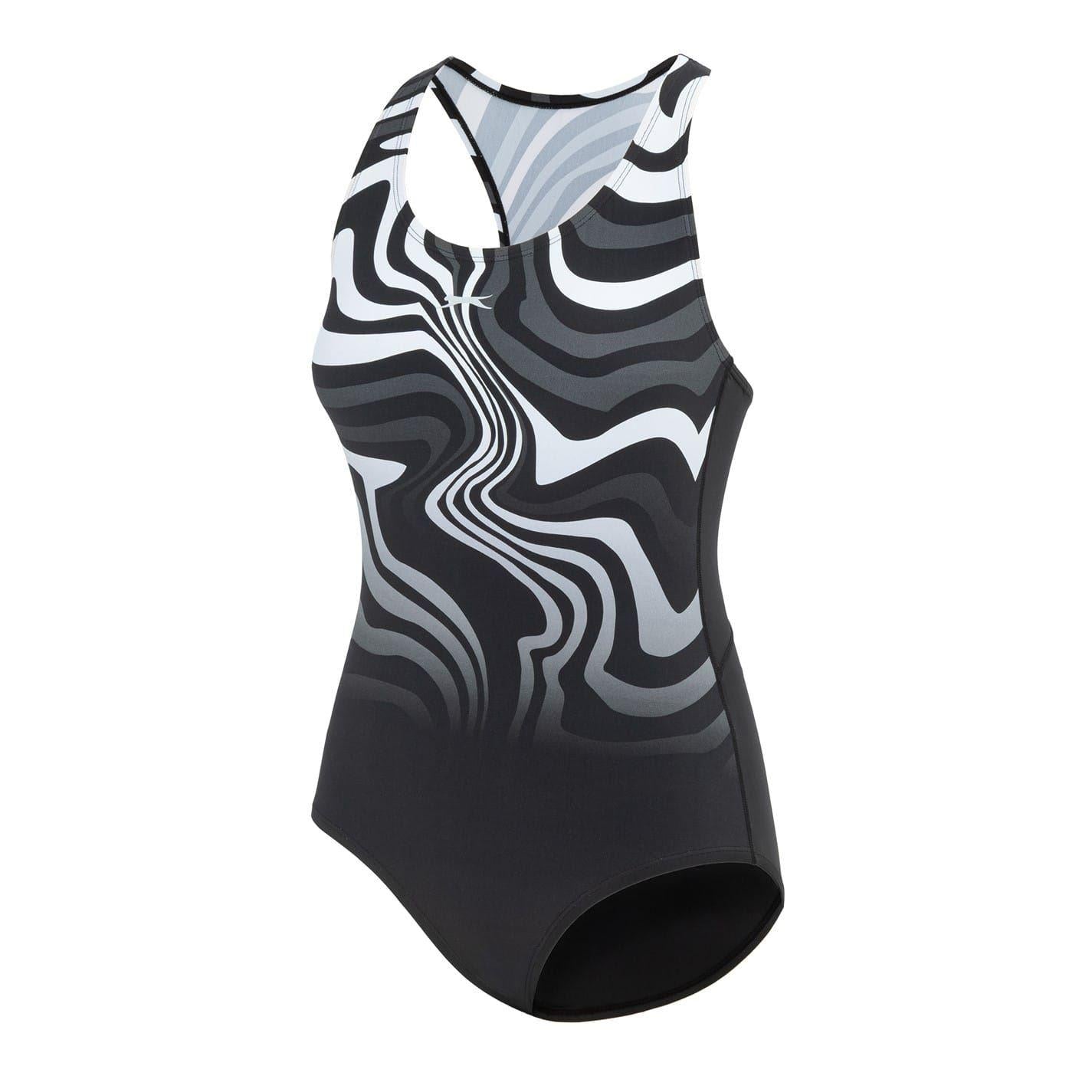 Black-White - Side - Slazenger Womens-Ladies Wave Pattern One Piece Swimsuit