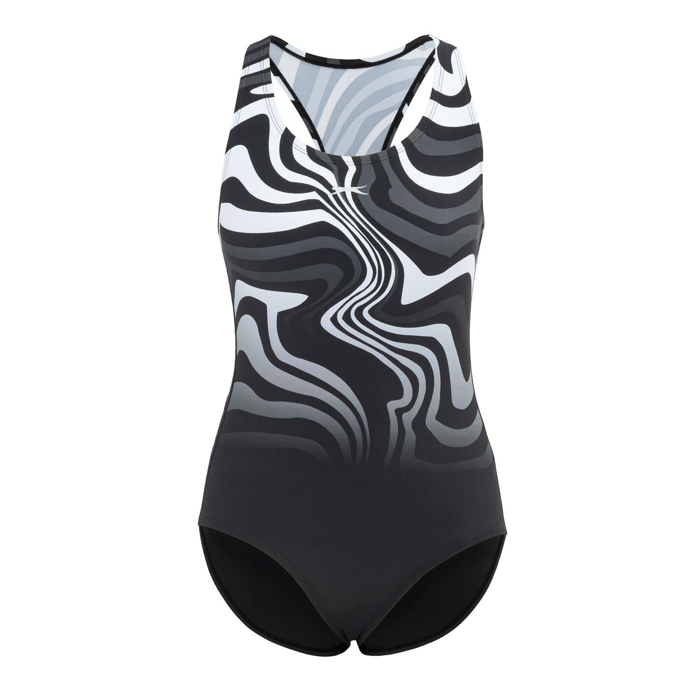 Black-White - Front - Slazenger Womens-Ladies Wave Pattern One Piece Swimsuit