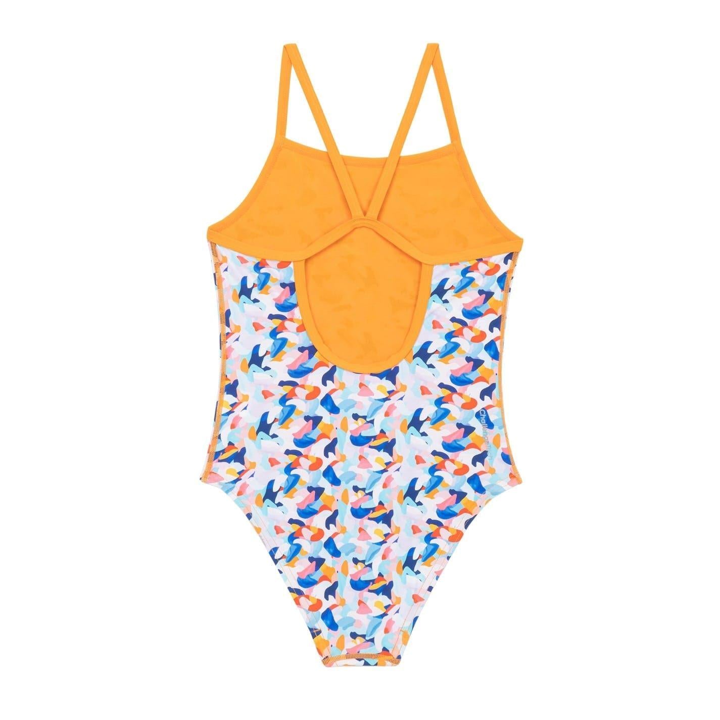Purple - Back - Slazenger Girls Abstract Spaghetti Strap One Piece Swimsuit