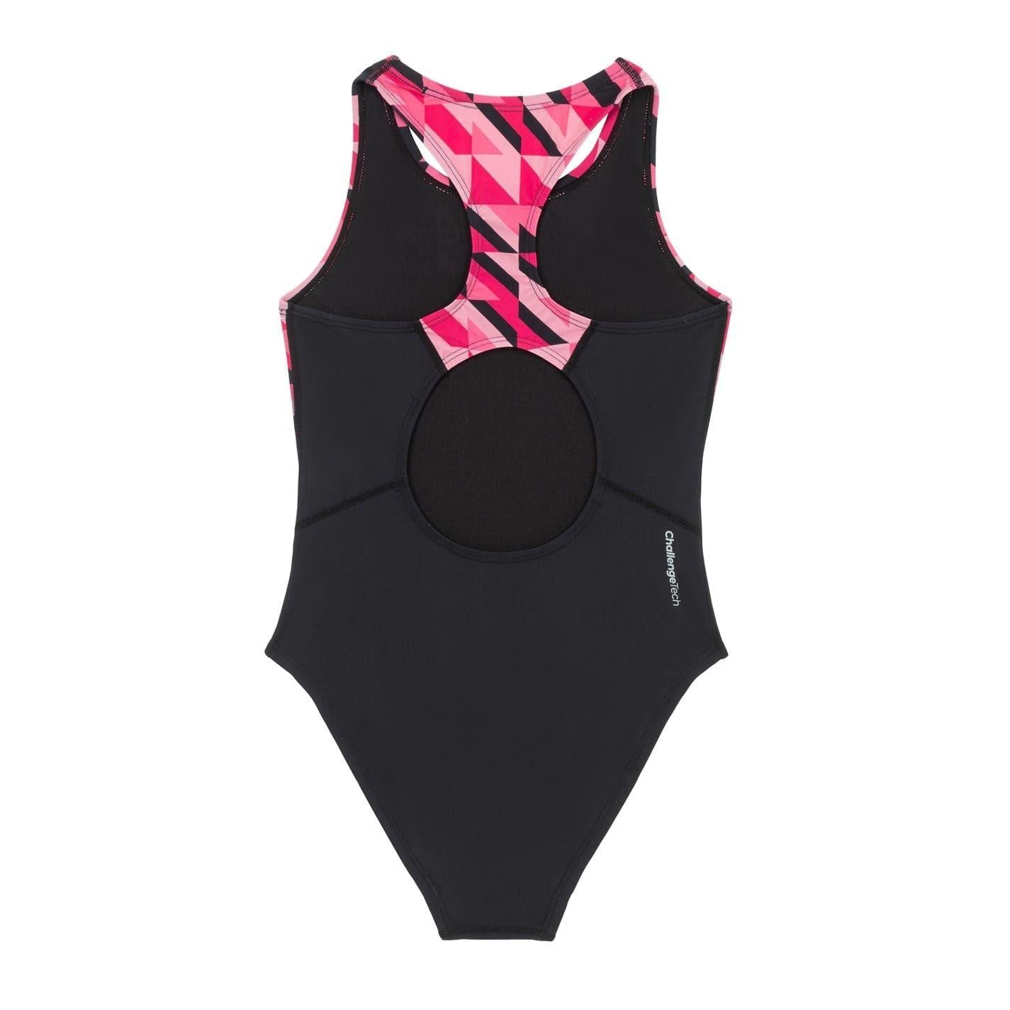 Black-Pink - Back - Slazenger Girls Challenge Tech Geometric Pattern One Piece Swimsuit