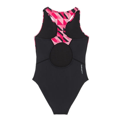 Black-Pink - Back - Slazenger Girls Challenge Tech Geometric Pattern One Piece Swimsuit