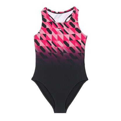 Black-Pink - Front - Slazenger Girls Challenge Tech Geometric Pattern One Piece Swimsuit