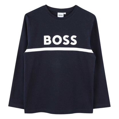 Navy - Front - Boss Boys Logo Long-Sleeved T-Shirt