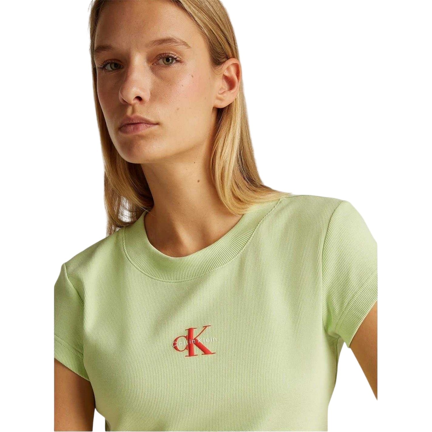 Butterfly Green - Side - Calvin Klein Womens-Ladies Logo Ribbed Slim Crop Top