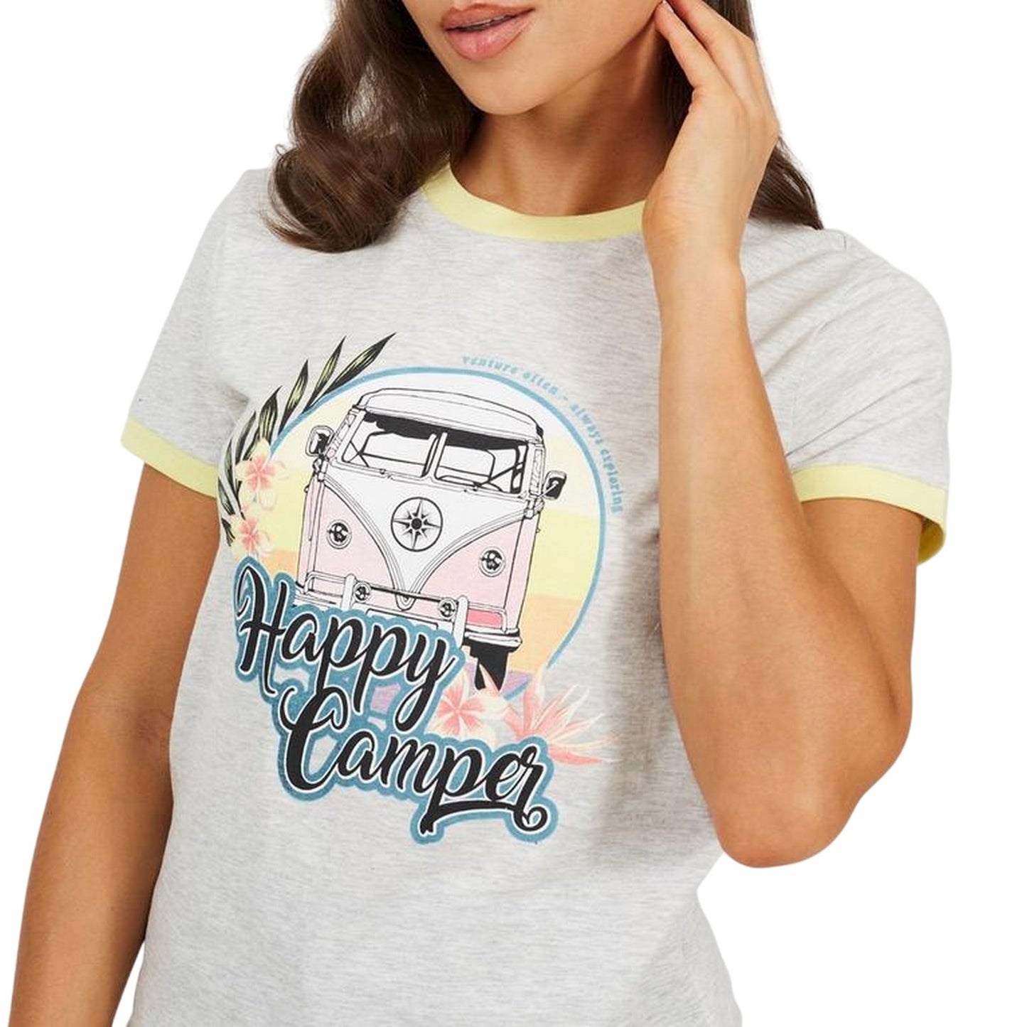 Pale Grey-Lemonade - Side - Brave Soul Womens-Ladies Happy Camper T-Shirt