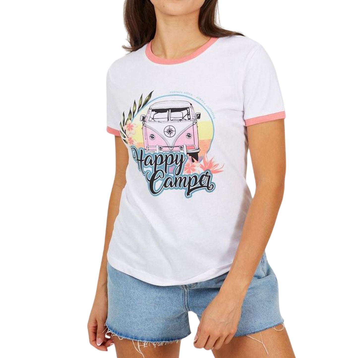 White-Coral - Front - Brave Soul Womens-Ladies Happy Camper T-Shirt