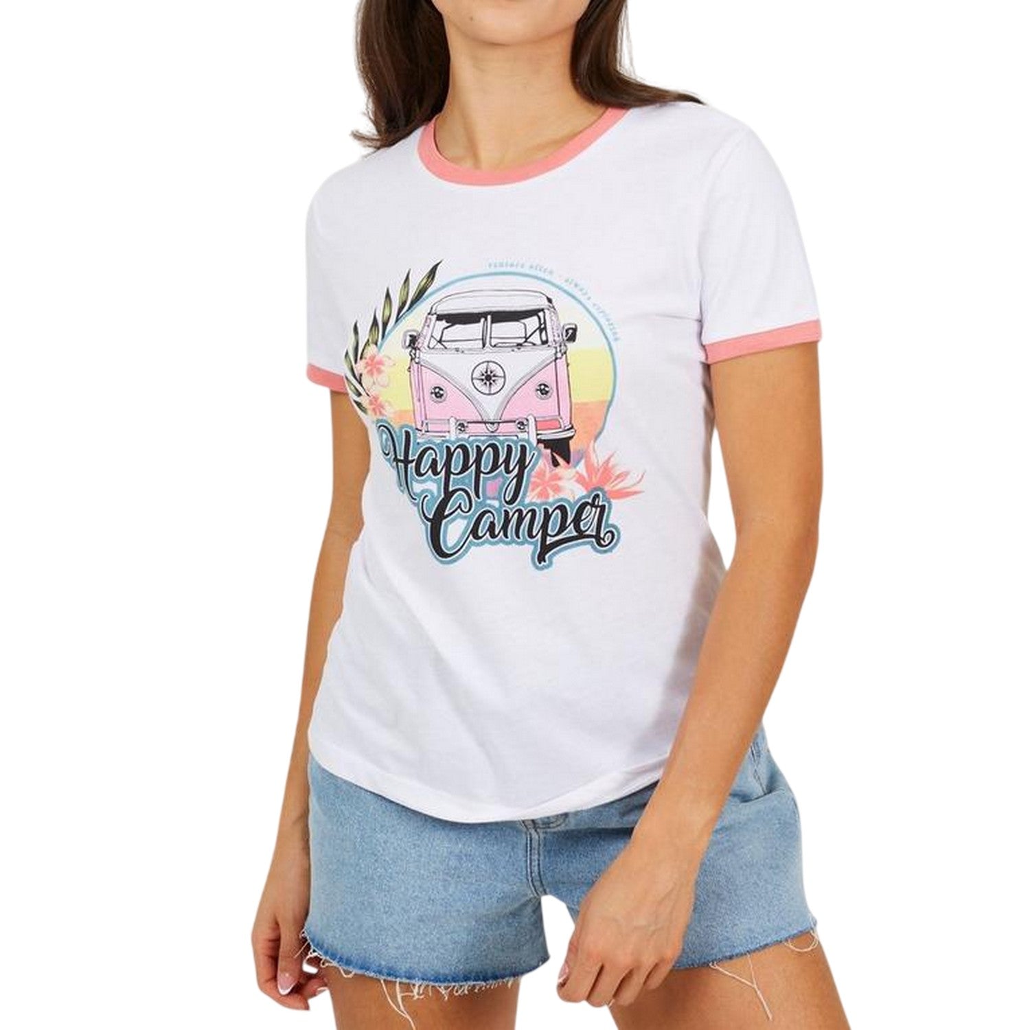 White-Coral - Front - Brave Soul Womens-Ladies Happy Camper T-Shirt
