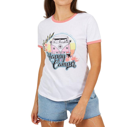 White-Coral - Front - Brave Soul Womens-Ladies Happy Camper T-Shirt