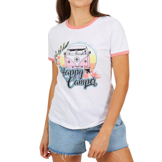 White-Coral - Front - Brave Soul Womens-Ladies Happy Camper T-Shirt