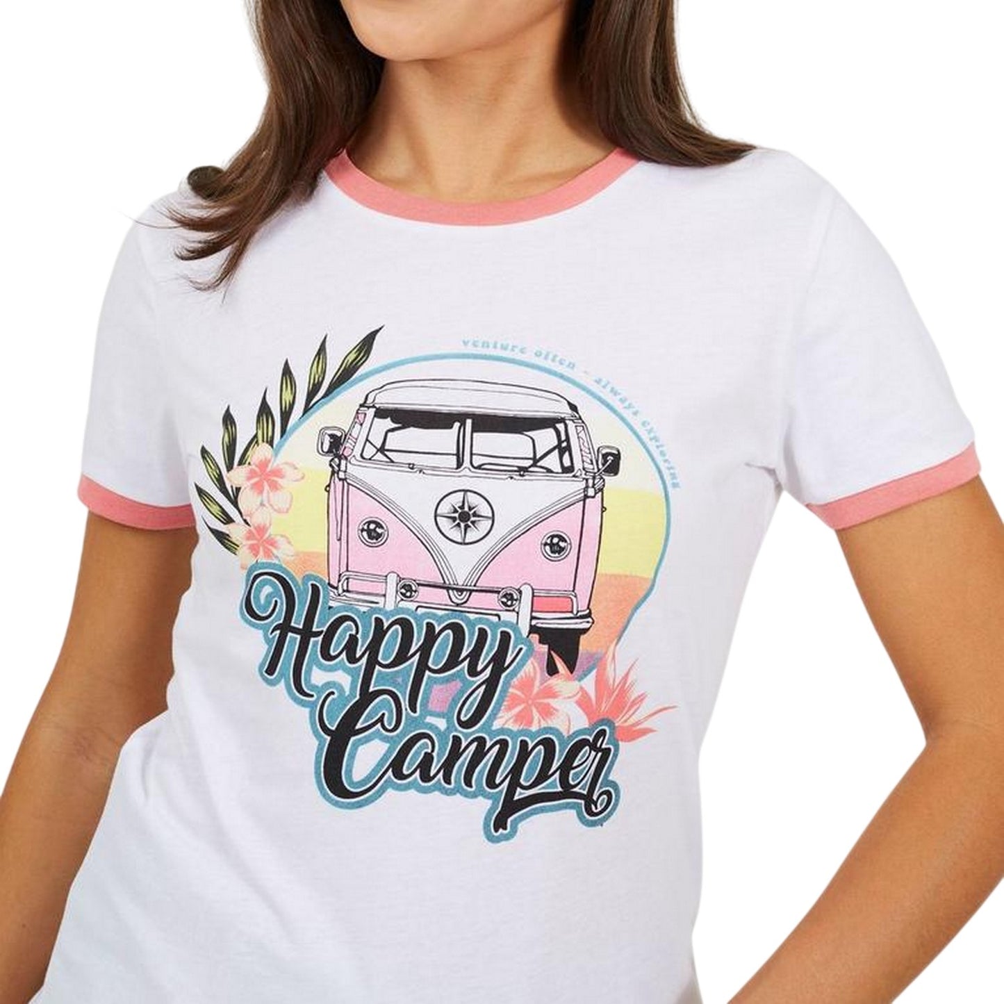 White-Coral - Side - Brave Soul Womens-Ladies Happy Camper T-Shirt