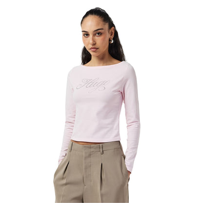 Pastel Pink - Side - Hugo Womens-Ladies Rhinestone Logo Long-Sleeved T-Shirt