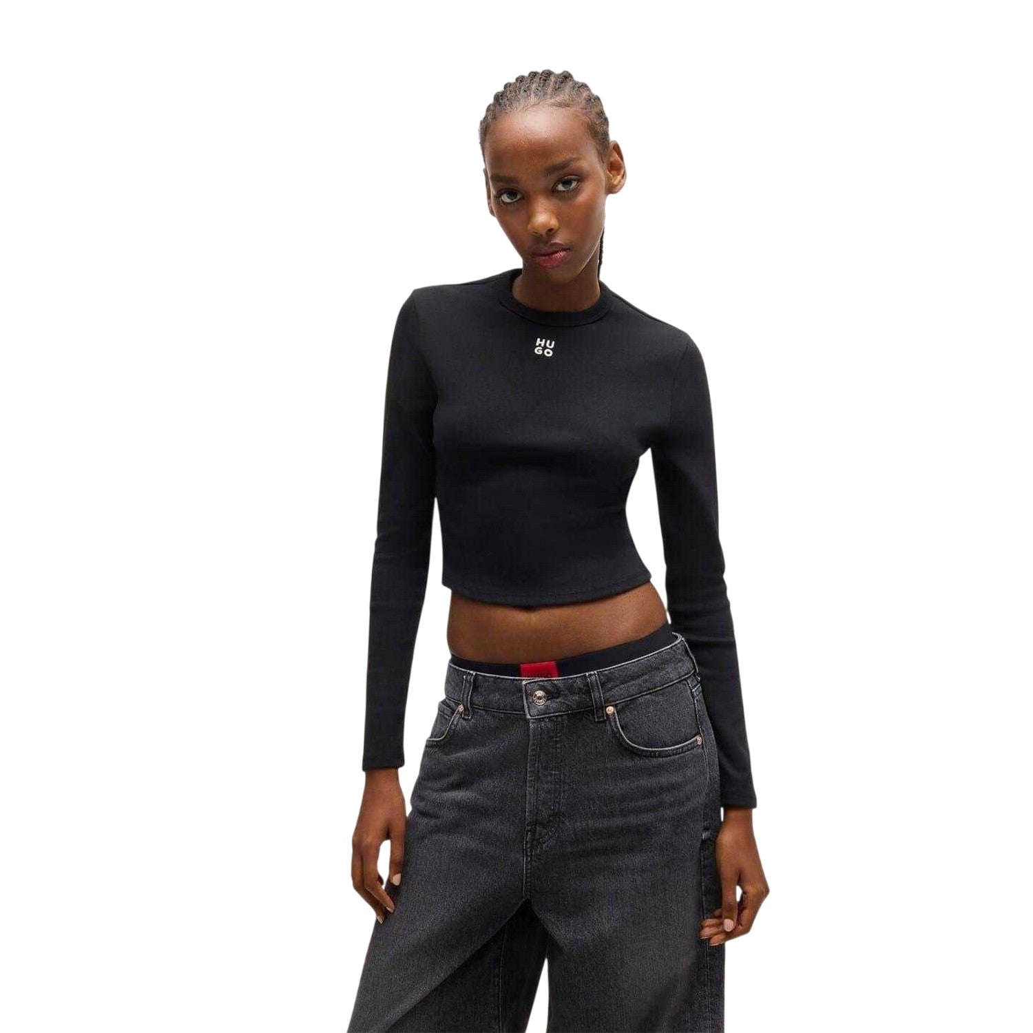 Black - Side - Hugo Womens-Ladies Stacked Logo Slim Long-Sleeved Crop Top