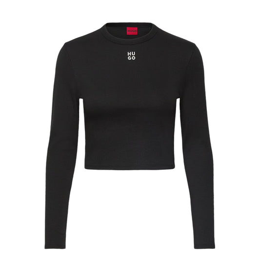 Black - Front - Hugo Womens-Ladies Stacked Logo Slim Long-Sleeved Crop Top