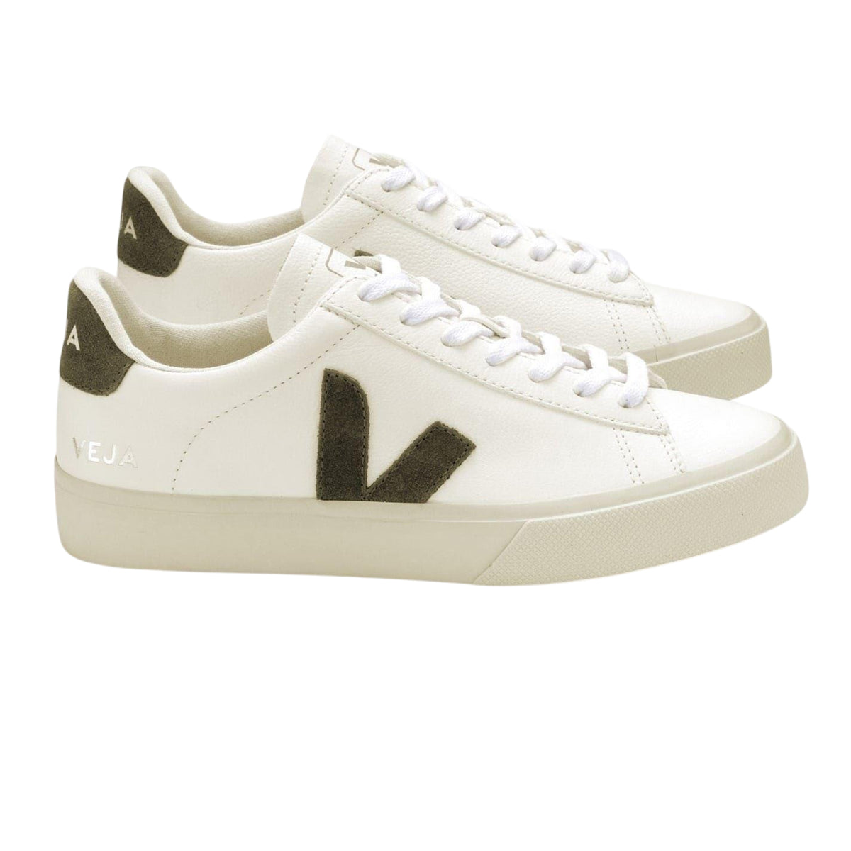 White-Khaki - Side - Veja Womens-Ladies Campo Leather Trainers