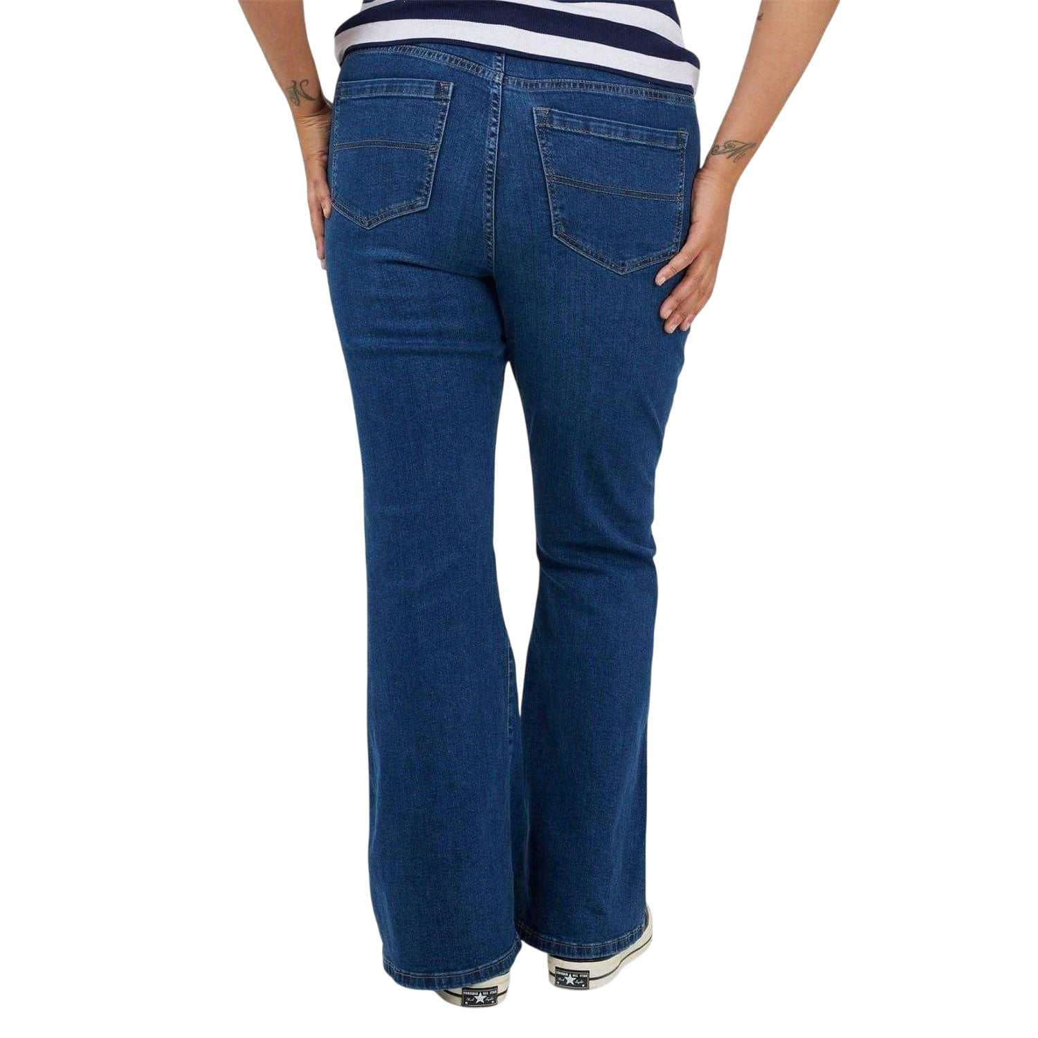 Mid Blue - Back - Brave Soul Womens-Ladies Flared High Waist Plus Jeans