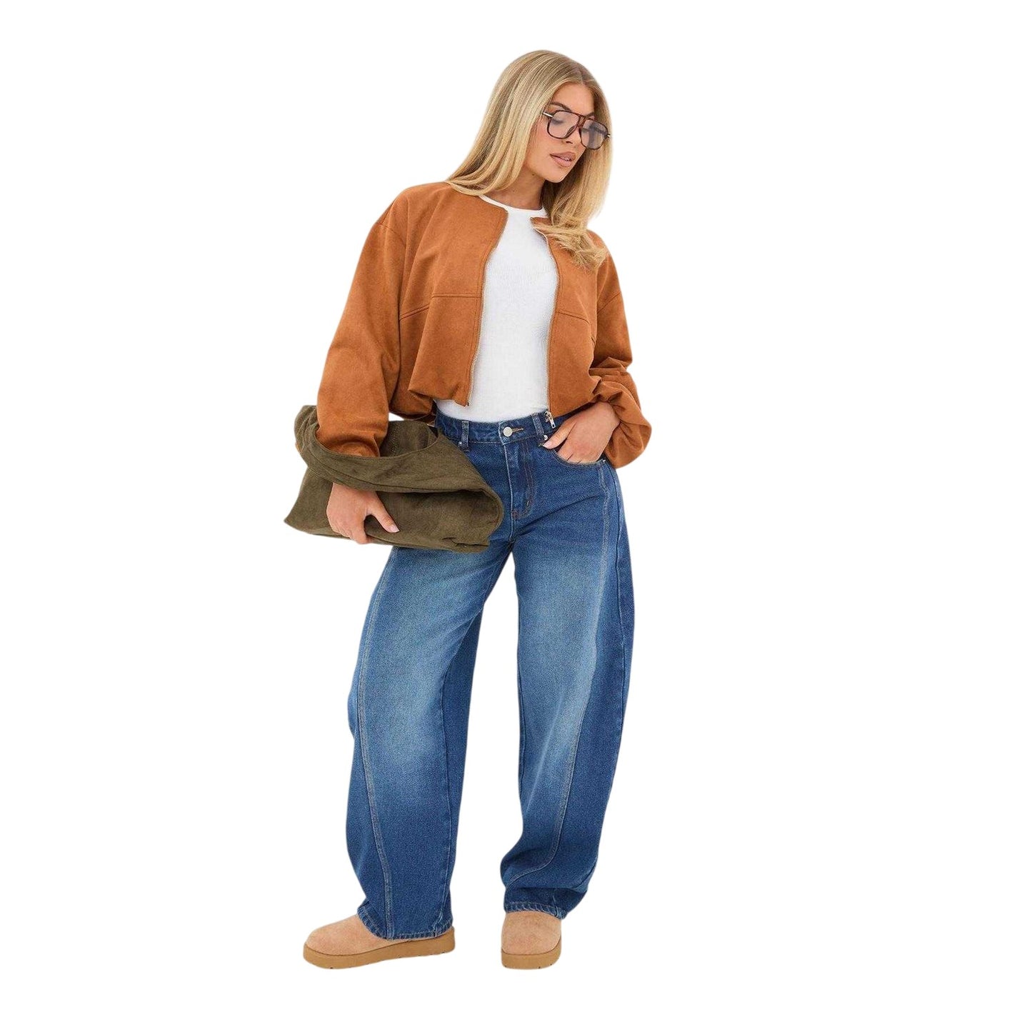 Mid Blue - Side - I Saw It First Womens-Ladies Barrel Jeans