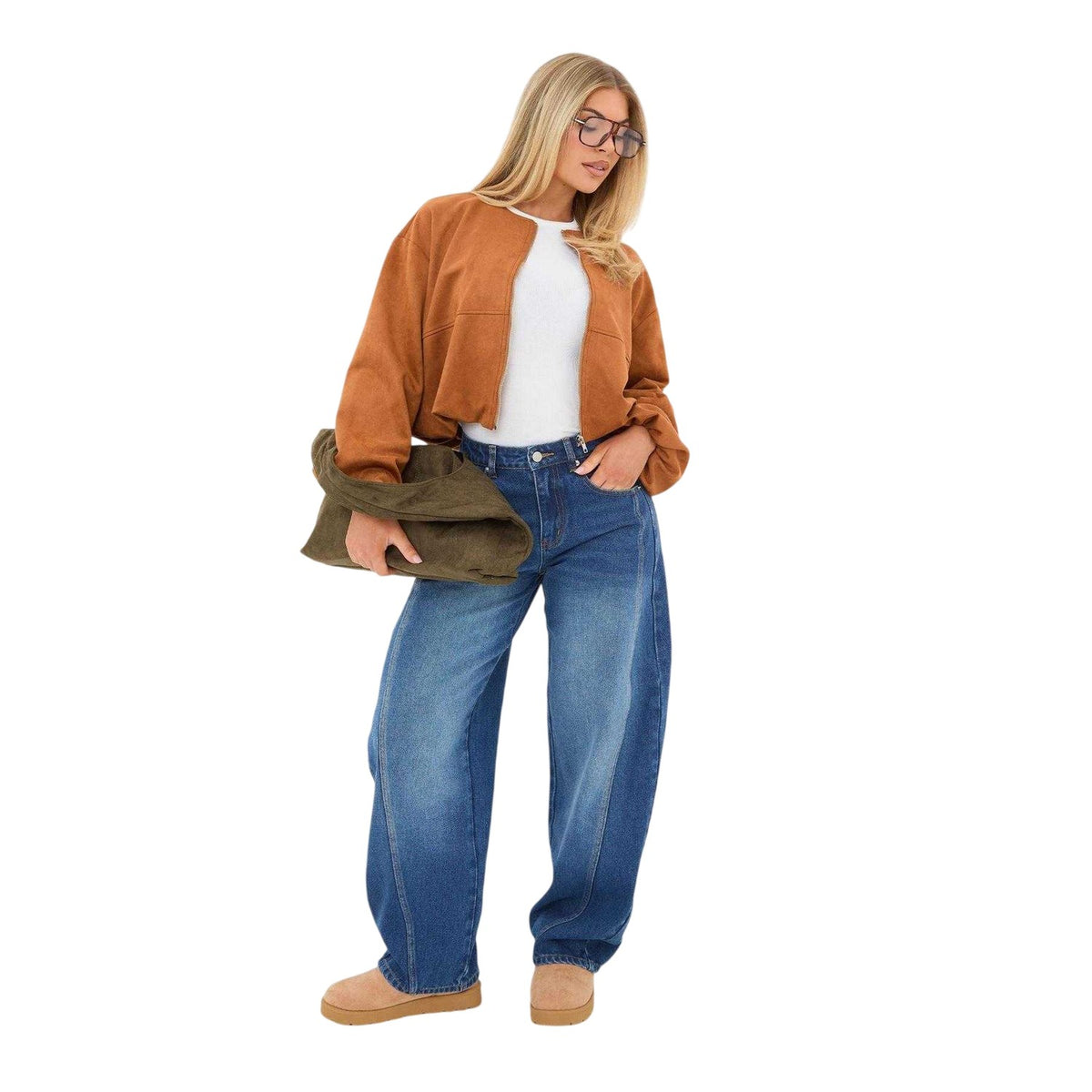 Mid Blue - Side - I Saw It First Womens-Ladies Barrel Jeans