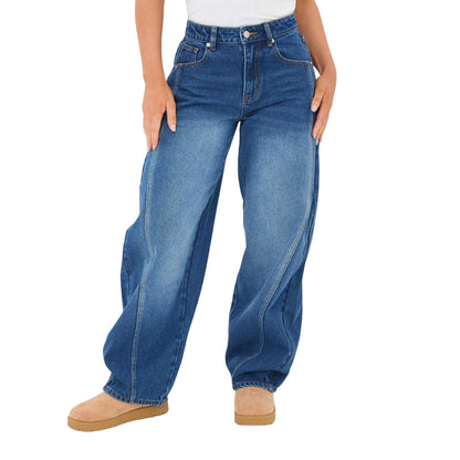 Mid Blue - Front - I Saw It First Womens-Ladies Barrel Jeans