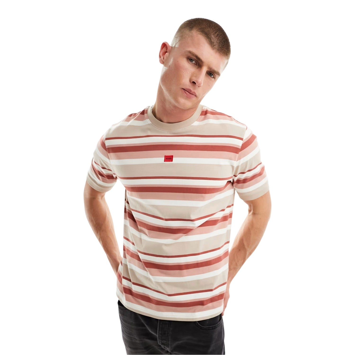 Pink-White - Lifestyle - Hugo Mens Diragolino Striped Logo Oversized T-Shirt