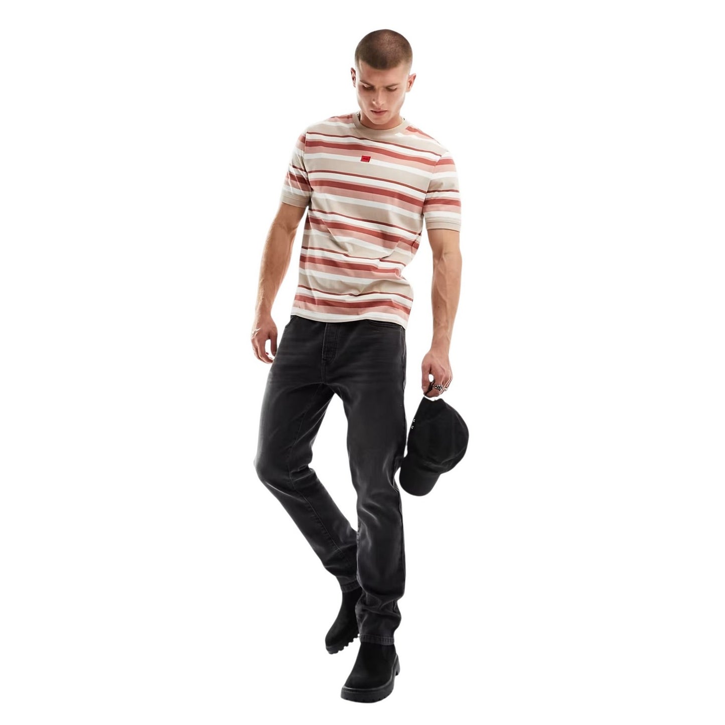 Pink-White - Pack Shot - Hugo Mens Diragolino Striped Logo Oversized T-Shirt