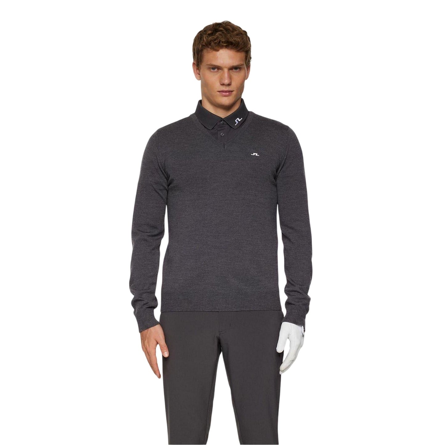 Grey Melange - Side - J.Lindeberg Mens Lymn Embroidered Logo Knitted V Neck Sweatshirt