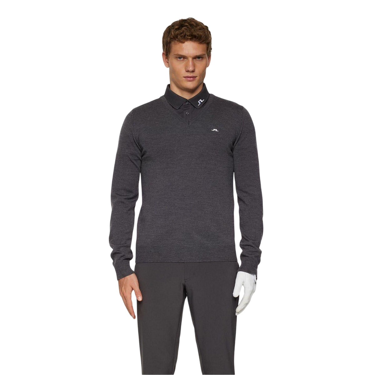 Grey Melange - Side - J.Lindeberg Mens Lymn Embroidered Logo Knitted V Neck Sweatshirt