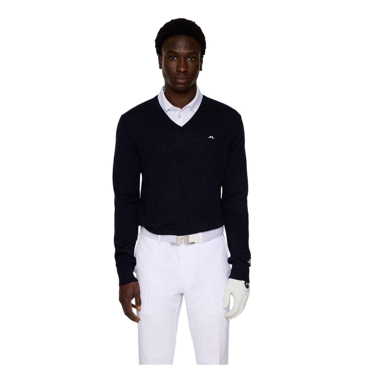 Navy - Side - J.Lindeberg Mens Lymn Embroidered Logo Knitted V Neck Sweatshirt