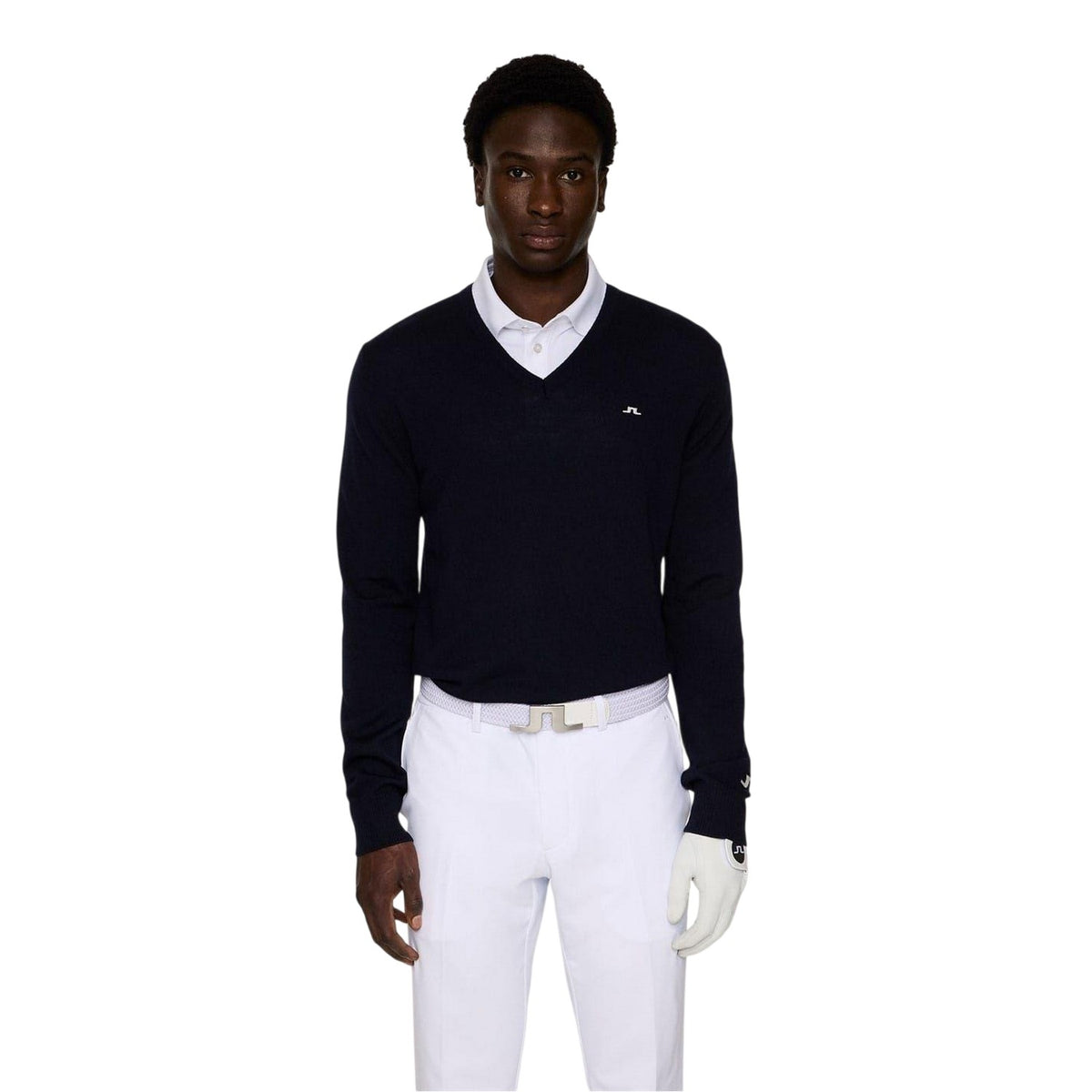 Navy - Side - J.Lindeberg Mens Lymn Embroidered Logo Knitted V Neck Sweatshirt