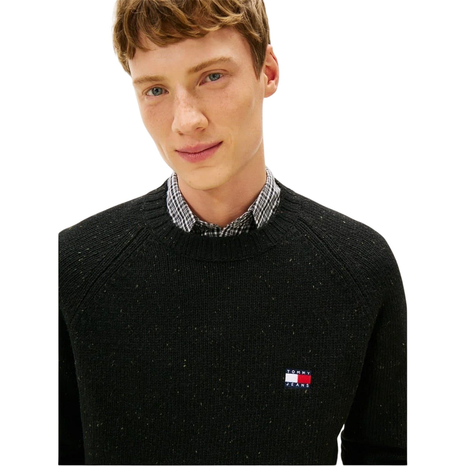 Black - Side - Tommy Jeans Mens Badge Knitted Crew Neck Sweatshirt