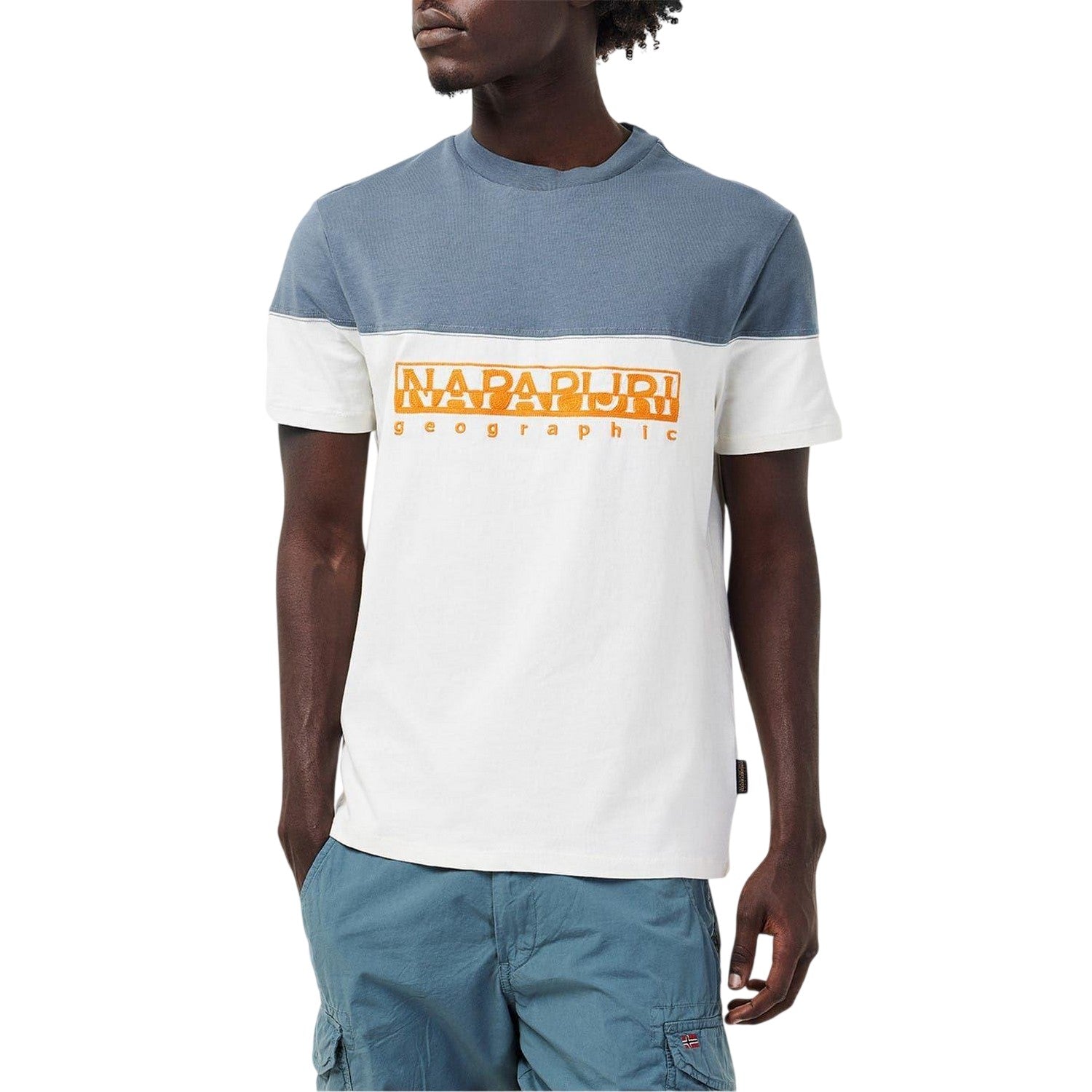 White-Blue - Pack Shot - Napapijri Mens Saturnia Geographic Crew Neck T-Shirt