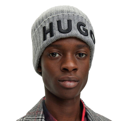 Silver - Front - Hugo Embroidered Logo Wool Winter Beanie
