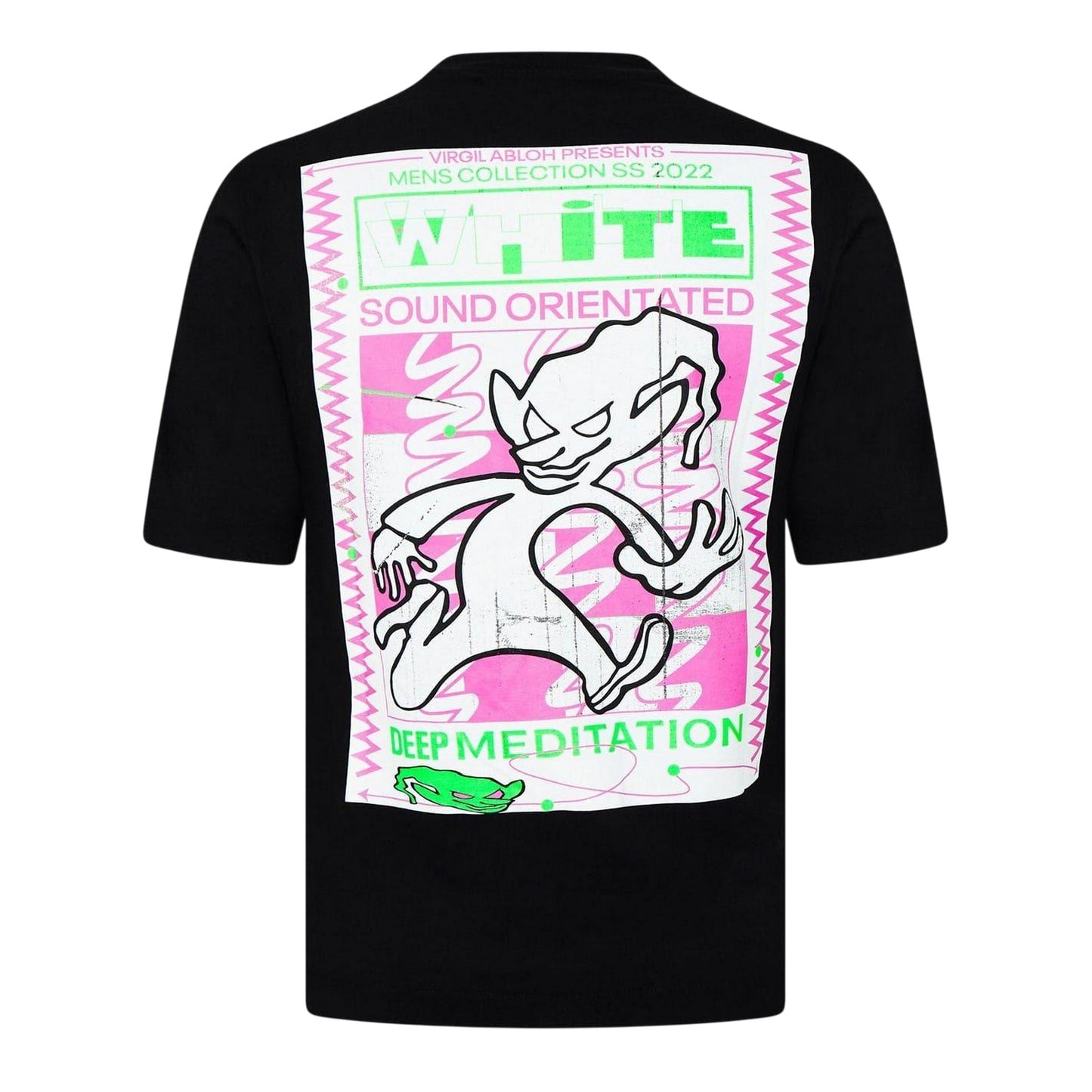 Black-Fluorescent Green - Back - Off White Mens Genie Crew Neck Regular T-Shirt