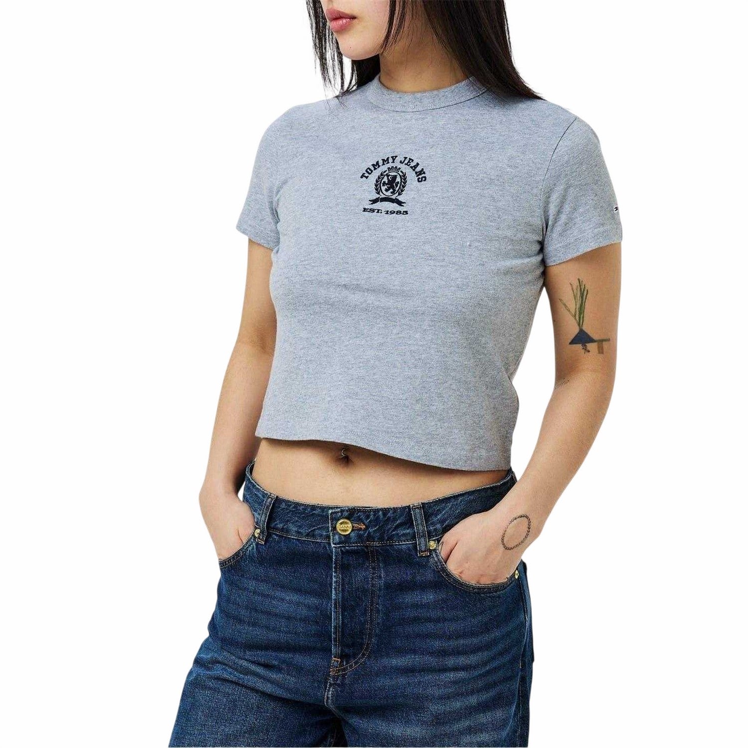 Grey Heather - Front - Tommy Jeans Womens-Ladies Varsity Logo Regular Crop Top