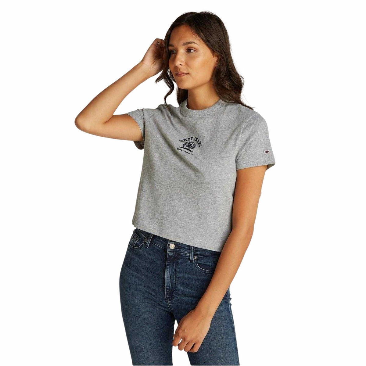Grey Heather - Side - Tommy Jeans Womens-Ladies Varsity Logo Regular Crop Top