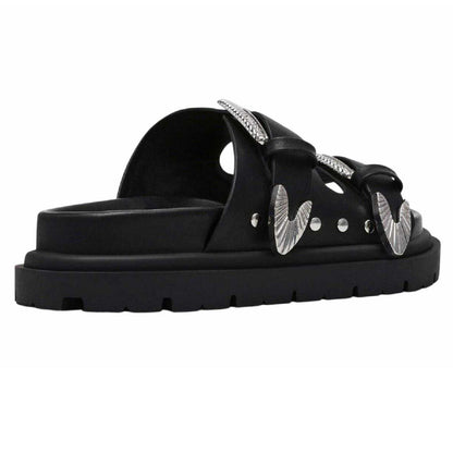 Black - Side - Steve Madden Womens-Ladies Buckle Leather Slides