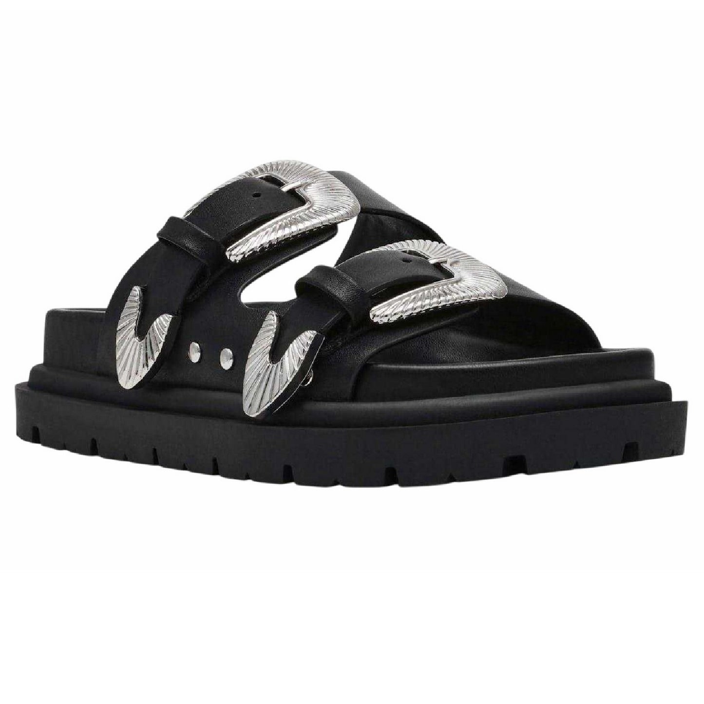 Black - Front - Steve Madden Womens-Ladies Buckle Leather Slides