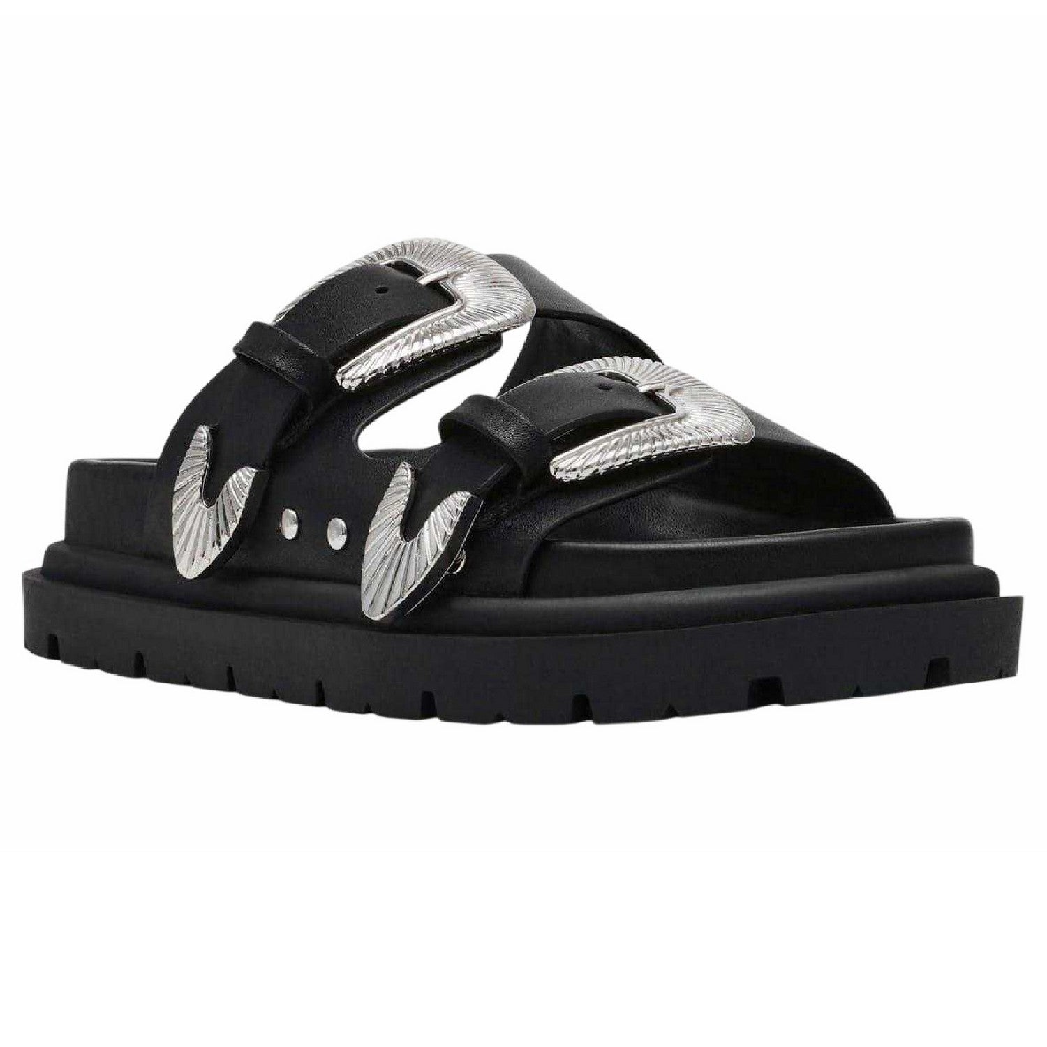 Black - Front - Steve Madden Womens-Ladies Buckle Leather Slides